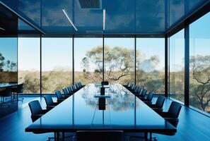 Modern office meeting room interior with glass windows. Created with Generative AI photo