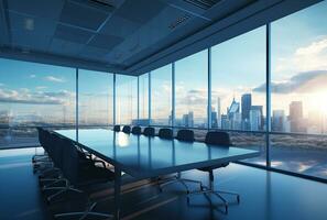 Modern office meeting room interior with glass windows. Created with Generative AI photo