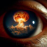 Atomic bomb explosion reflection in an eye AI Generative. Human fear concept. photo