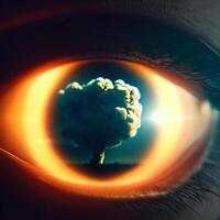 Atomic weapon explosion AI Generative reflection in an eye. Human fear concept. photo