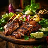 Slices of home-made jerk chicken fillets marinated in jerk seasoning, AI Generated photo