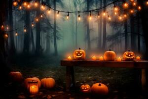 Halloween scene in the forest. Carved pumpkins and candles on the table. Light garland between trees. Generative AI photo