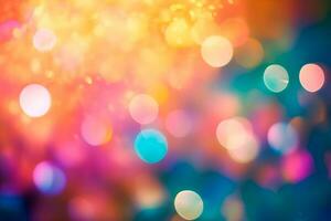 Multicolored defocused lights background. Abstract blurry bokeh festive backdrop. Generative AI photo