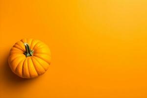 Yellow pumpkin on a yellow background. Minimalistic flat lay with copy space. Generative AI photo