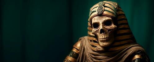 Ancient pharaoh skeleton on a dark green background. Halloween image with copy space. Generative AI photo