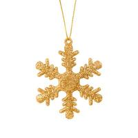 Hanging golden snowflake Christmas tree ornament isolated on a white background. Stock photo