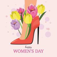 contento De las mujeres día con un rojo zapato en el tacón y flores vector
