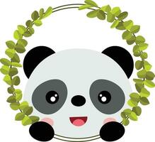 Friendly panda peeking out of round leaves frame vector