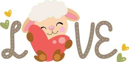 Love word with cute sheep holding a heart vector