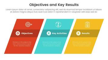 okr objectives and key results infographic 3 point stage template with rectangle skew or skewed concept for slide presentation vector