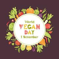 Vegan day. Round frame, wreath of fresh seasonal vegetables. Vector illustration in a flat style. Veganuary. Lettering in Scandinavian style. For advertising, website, poster, flyer.