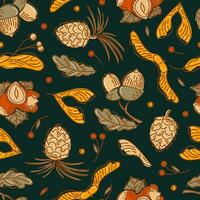 Hello, Autumn. Seamless pattern from nuts and seeds. Acorns with leaves, cedar cone, linden seeds, hazelnuts, maple lionfish seeds. sketch style. wallpaper, printing on fabric, wrapping, background vector