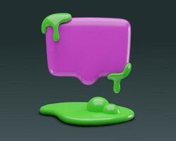 3d blank speech bubble with dripping green slime spots and bubbling puddle. Minimal realistic plastic three dimensional spooky Halloween chat icon. vector