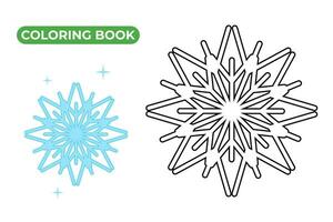 Snowflake coloring book. Vector illustration of snow. Drawing of blue shimmering ice crystal. Winter coloring page for kids. Contour sketch style.