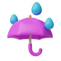 Umbrella and raindrops 3d icon. Glossy plastic monsoon and rainy weather three dimensional cartoon emoji. Vector illustration isolated on white background.