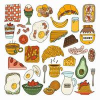 Big set of food and beverage for breakfast. Different variations for meal - vegetarian, healthy, fried, meat. Egg, oatmeal, milk, avocado, toast, croissant, chia, pancakes. Colorful hand drawn doodle. vector