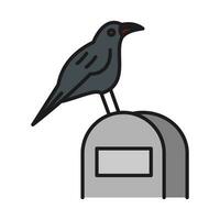 Simple black halloween grave icon with crow. Monochrome halloween doodle. Grave illustration, isolated white background. vector