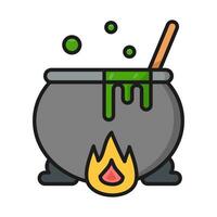 Halloween witch cauldron with potion and bubbles isolated on white background. Black pot cooked with magic potion in flat style vector