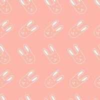 Seamless pattern with hand drawn face of rabbit, hare on pink background in naive style. vector