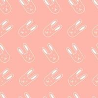 Seamless pattern with hand drawn face of rabbit, hare on pink background in naive style. vector