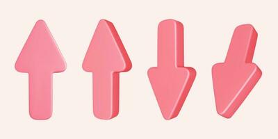 Collection of realistic 3D pink arrow pointing isolated on light pink background. Vector illustration.