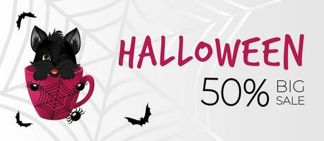 Happy Halloween sale banner, flyer on grey background with spiders, web, bats and black kitten, hiding in a cup. vector