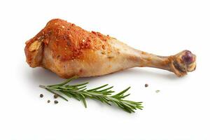 Chicken Drumstick meat and herbs isolated on white, Generative AI photo