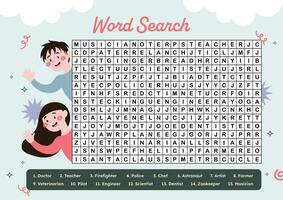 flat design vector occupation crossword word search printable worksheet for kids activity