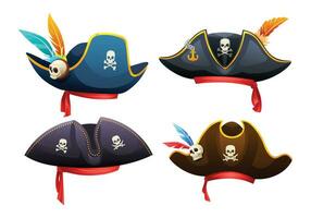 colección de pirata sombreros con cráneo, tibias cruzadas y plumas dibujos animados ilustración vector