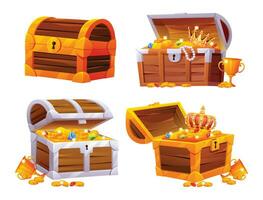Set of treasure chests with gold coins, necklace, crown and gemstones cartoon illustration vector