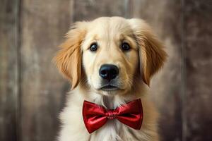 Dog wearing a red bow tie, Generative AI photo