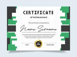 Pixel certificate of achievement template with gold badge. Modern certificate vector. Perfect for employee awards. vector