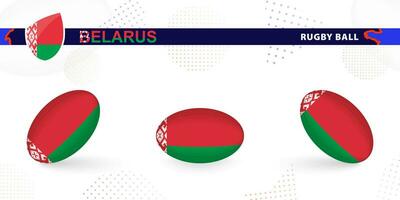 Rugby ball set with the flag of Belarus in various angles on abstract background. vector