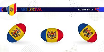 Rugby ball set with the flag of Moldova in various angles on abstract background. vector