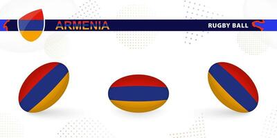 Rugby ball set with the flag of Armenia in various angles on abstract background. vector