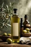 A healthy olive oil in a glass bottle. photo