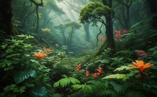 A mysterious forest with blooming outer space flowers. photo