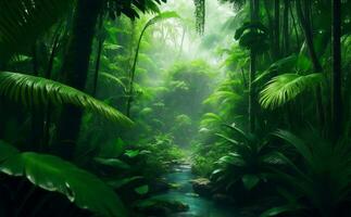 Green ecology jungle background, Generative AI Illustration. photo