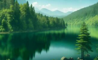 Green mountain lake surrounded by trees, Generative AI Illustration. photo