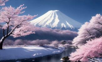 Cherry blossom field with fuji mountain, Generative AI Illustration. photo