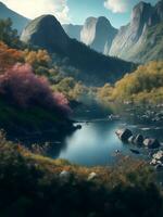 Mountain and river in nature, Generative AI Illustration. photo