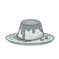 Grayscale outlined flan pudding on top of plate with dripping sweet sauce or vla vector illustration isolated on square white background. Simple flat cartoon art styled drawing.