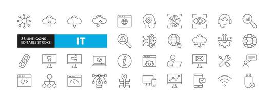 Set of 36 Information Technology line icons set. IT outline icons with editable stroke collection. Includes Computer, Link Building, Page Optimization, Analytics, Cloud Computing and More. vector