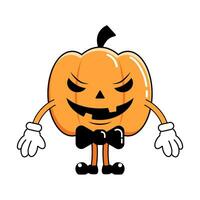 Evil Pumpkin Lantern character, sticker and mascot with black bowtie, Halloween holiday art, print and decoration. vector