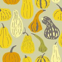 Seamless pattern with pumpkins of various shapes and colors. Autumn season design vector