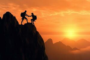 Teamwork couple climbing helping on top of cliff at sunset ,Generative AI photo