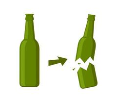 Beer bottle, whole and broken. Bottle broken into two halves. Broken, cracked glass bottle. Vector illustration.