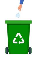 Hand throws broken wine glass into the green Bin with recycling symbol for organic waste. Garbage sorting. Vector illustration for zero waste, environment protection concept.