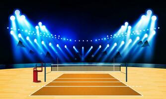 vóleibol Corte arena campo con brillante estadio luces diseño. vector iluminación