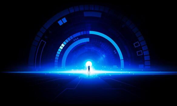 resumen empresario camina dentro el puerta de éxito abierto ligero de tecnología antecedentes de alta tecnología comunicación concepto innovación antecedentes vector diseño.